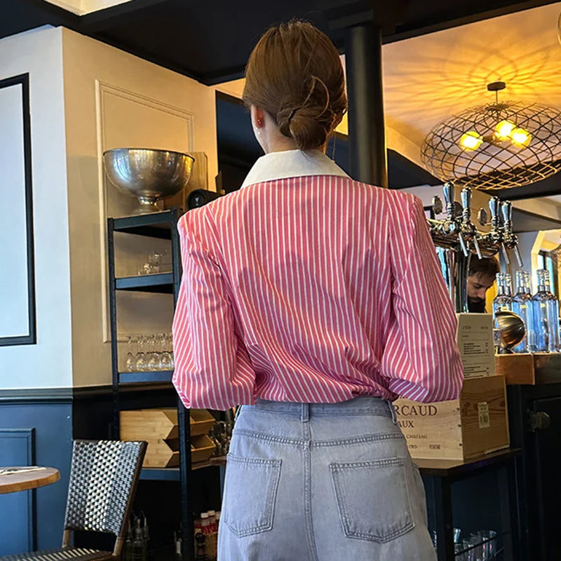 Jmprs Elegant Women Shirts Korean Striped Red Fashion Turn Down Collar Office Ladies Tops Long Sleeve Causal Female Blouse