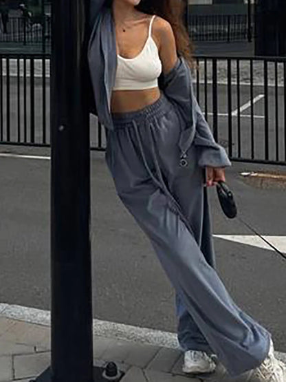 Women Autumn Hooded Coat Two Pieces Sets, Solid Patchwork Wide Leg Pants Chic Outfit, New Long Sleeve Casual Simple Ladies Suits