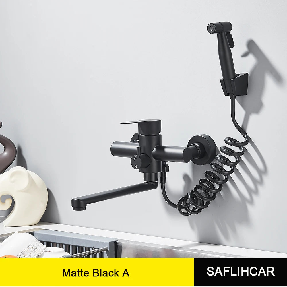 Kitchen Faucets Stainless Steel Wall Mounted Multifunctional Bathroom Basin Faucet Hot Cold  Water Mixer Taps With Spray Gun