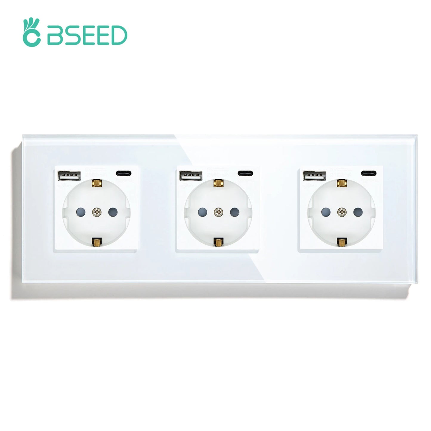 BSEED 1/2/3Gang Touch Licht Schalter 1Way Einfache Sensor Schalter Typ-c USB Steckdosen EU Standard glas Panel Blaue Hintergrundbeleuchtung 10A Weiß