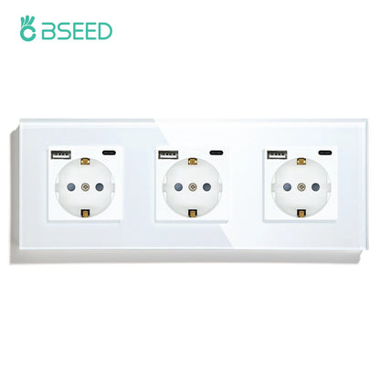 BSEED 1/2/3Gang Touch Licht Schalter 1Way Einfache Sensor Schalter Typ-c USB Steckdosen EU Standard glas Panel Blaue Hintergrundbeleuchtung 10A Weiß