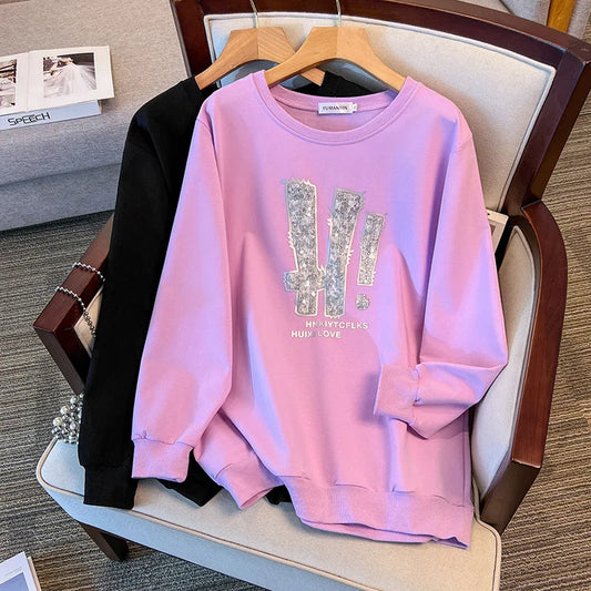 175kg plus size Damen büste Frühling Herbst loser Rundhals ausschnitt Langarm bedrucktes Sweatshirt schwarz lila 5xl 6xl 7xl 8xl 9xl