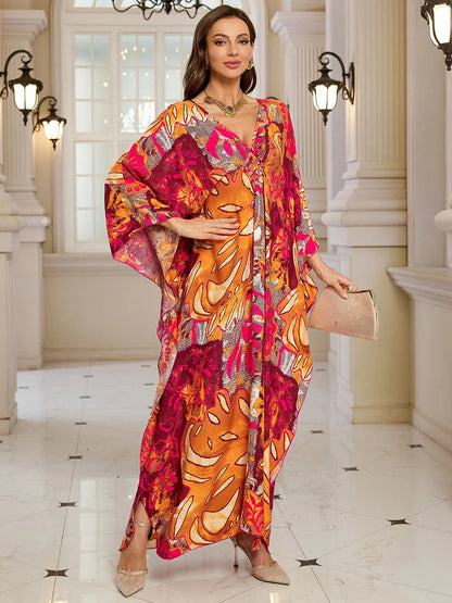 Kaftan-Kleider für Damen, Wellenhals-Badeanzug, Überwurf, Kaftan-Kleid, Übergröße, übergroßes langes Strandkleid
