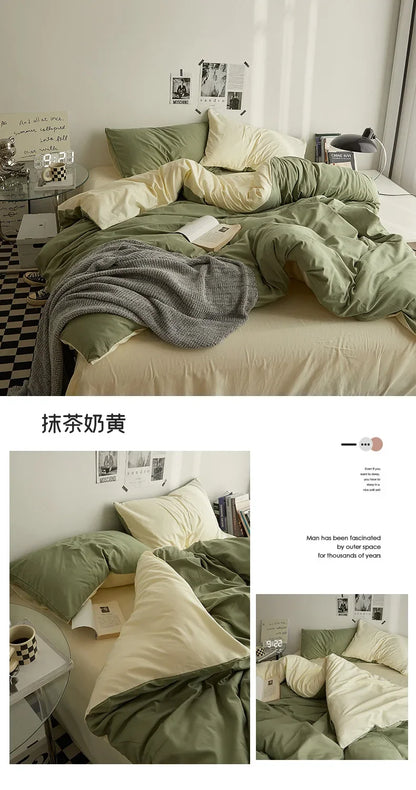 High Quality Solid Color Double Washed Cotton Bedding 4 Pieces Set Student Dormitory Bed Linen Duvet Set Bed Suit.