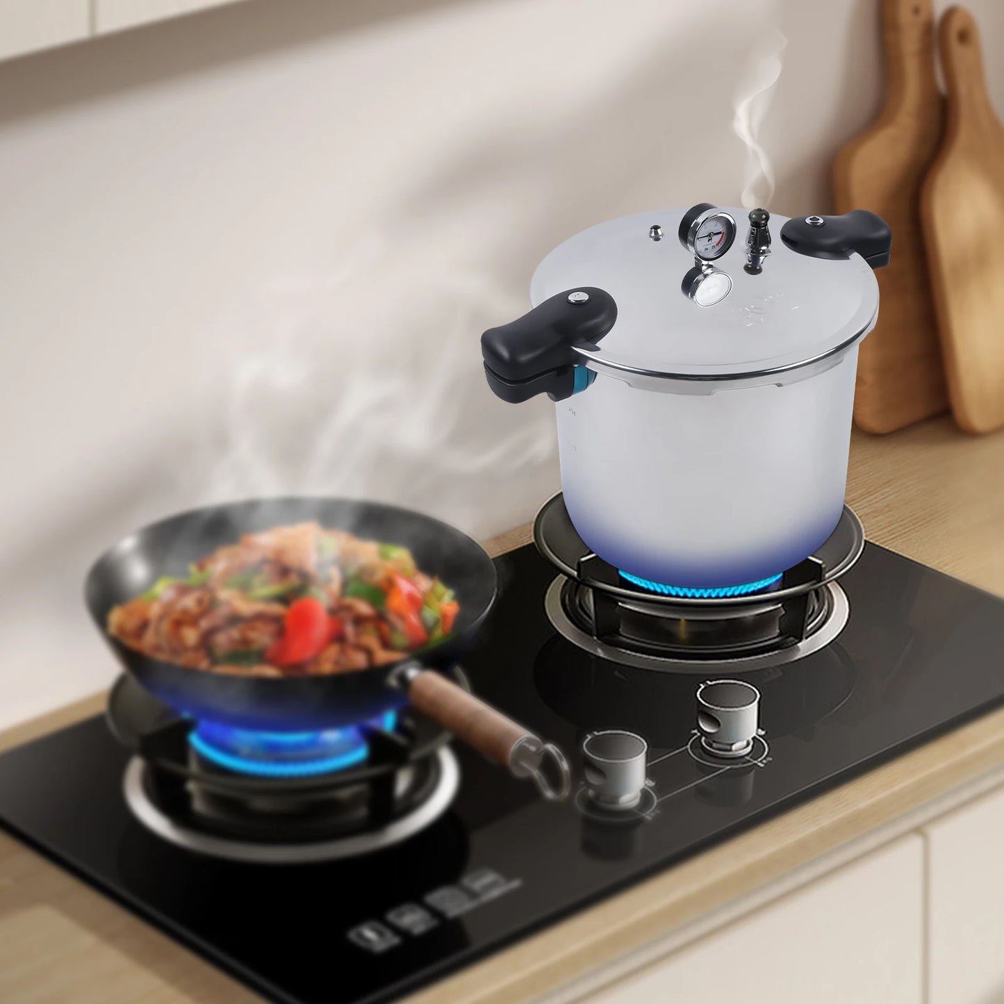 23qt Thick Explosion-Proof Pressure Cooker With Aluminum Pressure Gauge Release Valve.