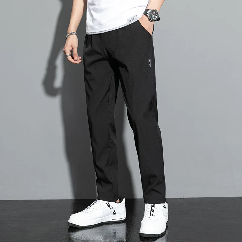 Ice Silk Men's Pants 2024 Summer New Black Gray Thin Business Casual Pants Outdoor Elastic Breathable Straight Leg Sweatpants.