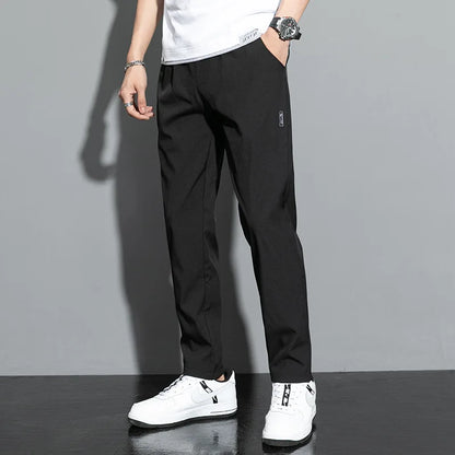 Ice Silk Men's Pants 2024 Summer New Black Gray Thin Business Casual Pants Outdoor Elastic Breathable Straight Leg Sweatpants.