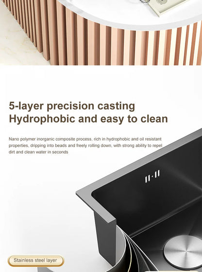 Black Stainless Steel Kitchen Sink Waterfall Sink dishwashing Basin Large Single Sink Household Sink Under The Counter Sink