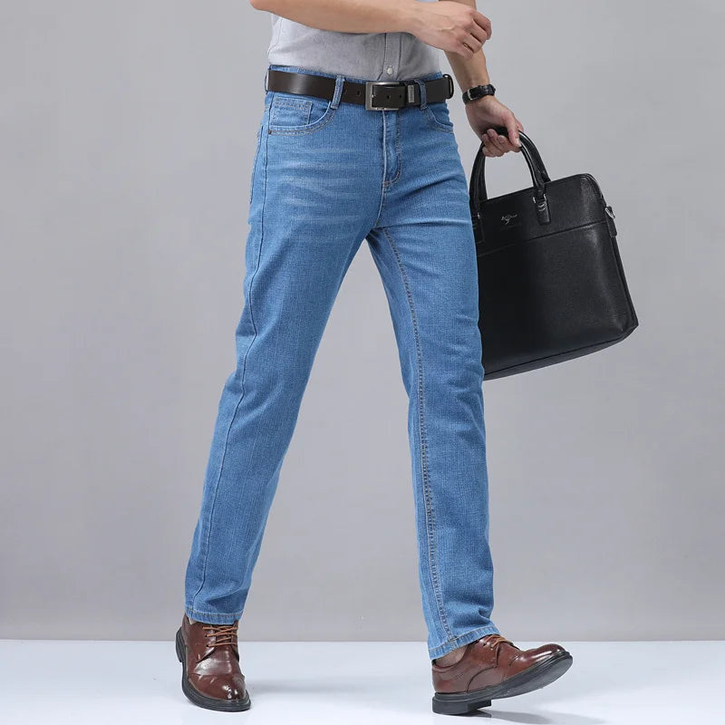 2024 New Brand Men's Fit Straight Lightweight Cotton Stretch Denim Pants Casual Male High Waist Thin Light Blue Business Jeans.