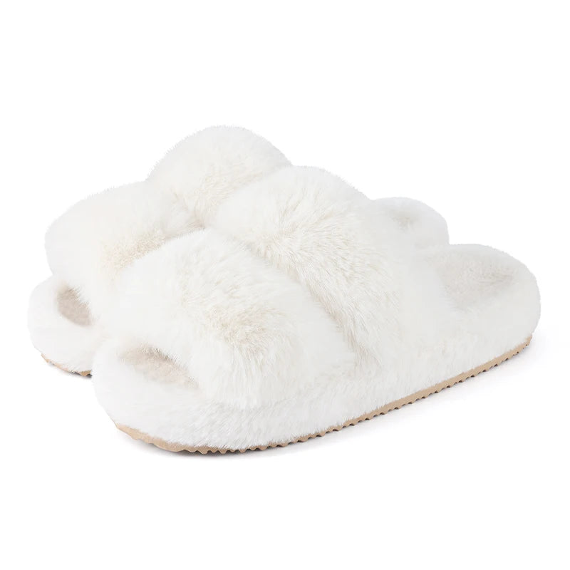 Evshine New Open Toe Fluffy Slippers Indoor Warm Fur Female Slides Fashion Plush Women House Shoes Women Winter Fuzzy Slippers.