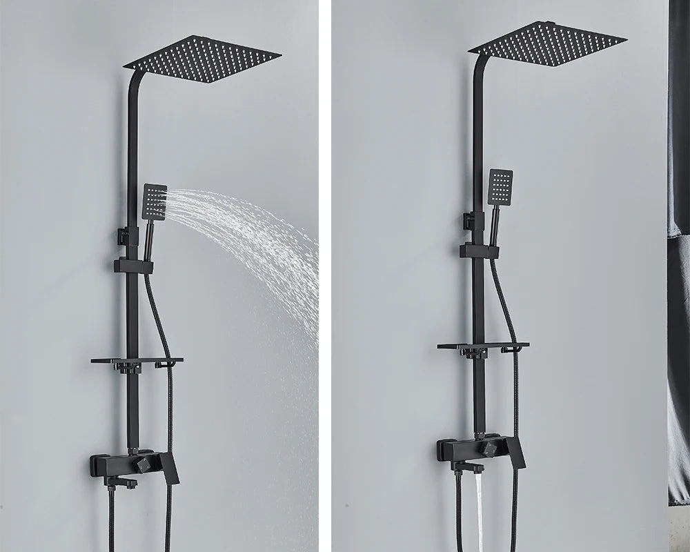 Rainfall Bathroom Shower Faucet Kit With Bidet Wall Mounted Stainless Steel Hot Cold Water Mixer Tap System With Rack,Tub Spout