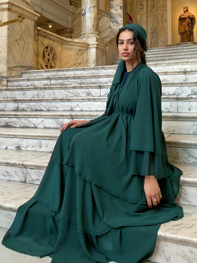 Eid Muslim Abaya for Women Chiffon 3 Layers Cake Party Cardigan Robe Jalabiya Dresses Ramadan Morocco Abayas Kaftan Vestidos.