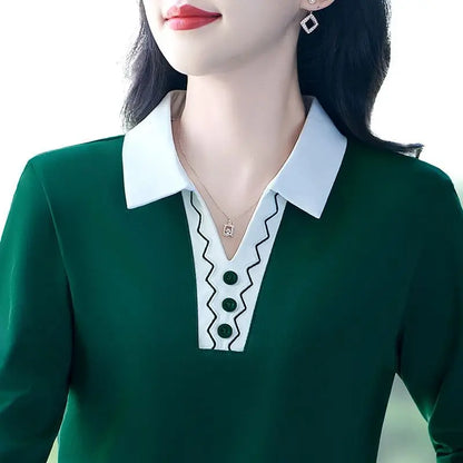 2025 Autumn New Women Clothes Office Lady Simplicity Patchwork Polo-Neck Top Tee Ladies Fashion Loose Buttons Long Sleeve Shirts.