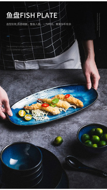 Japanese Blue Kiln Change Ceramic Tableware American Tableware Retro Household Dishes Set Rice Bowl Dishes Restaurant Plate.