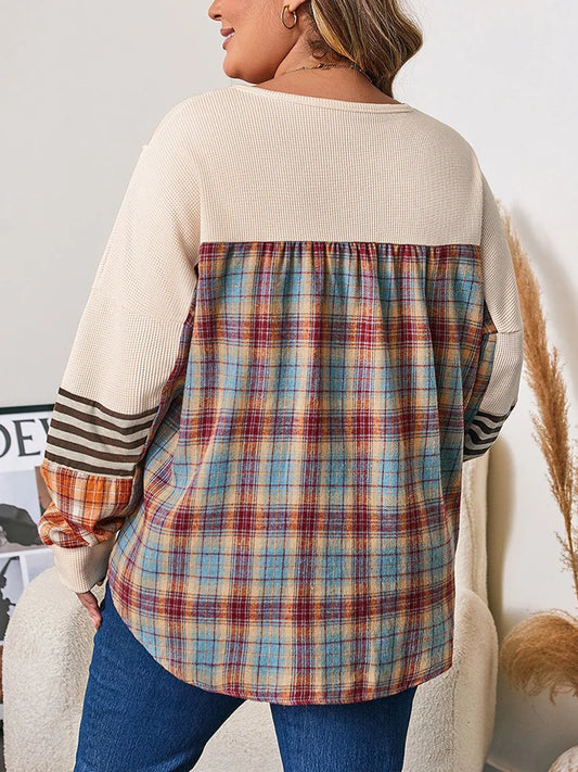 GIBSIE Plus Größe Taste Vorne Oansatz Plaid Sweatshirt Frauen Herbst 2025, Neue Tropfen Lange Hülse Lose Beiläufige Pullover Tops.