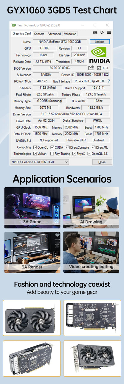 SOYO Graphics Cards GTX1060 6G/3G DDR5 192bit HDMI compatibility+DP*2 For Desktop Gaming Computer Components GPU Video Card.