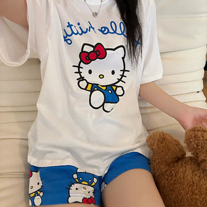 Hello Kitty Pyjamas für Damen, kurzärmelig, Freizeitkleidung, Heimkleidungsset, Cartoon-Süßes Mädchen, Geburtstagsgeschenke.