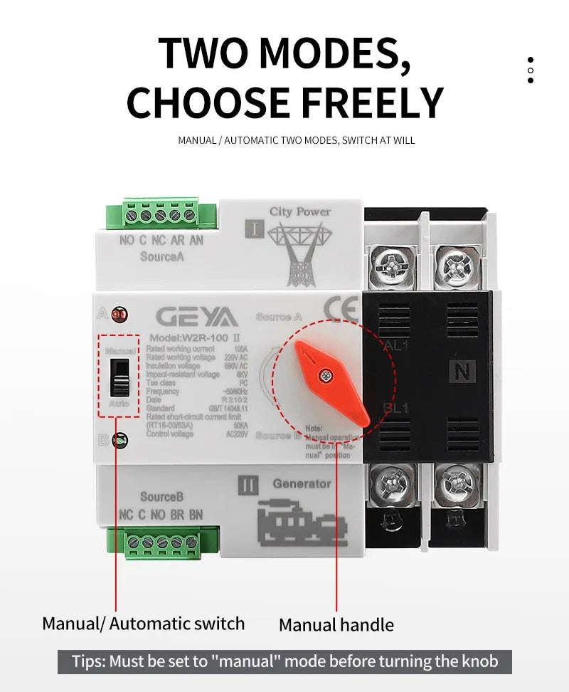 GEYA W2R ATS 110V 220V PC Dual Power Automatischer Transferschalter 63A 100A Haushalts-Stromübertragungsschalter 50/60Hz.