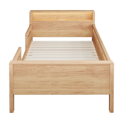 Multifunktions-Holzbett, USB- und Tape-C-Kombinationssteckdose, kleines LED-Licht, Kopfteil mit Einlagerfunktion, Einzelbett