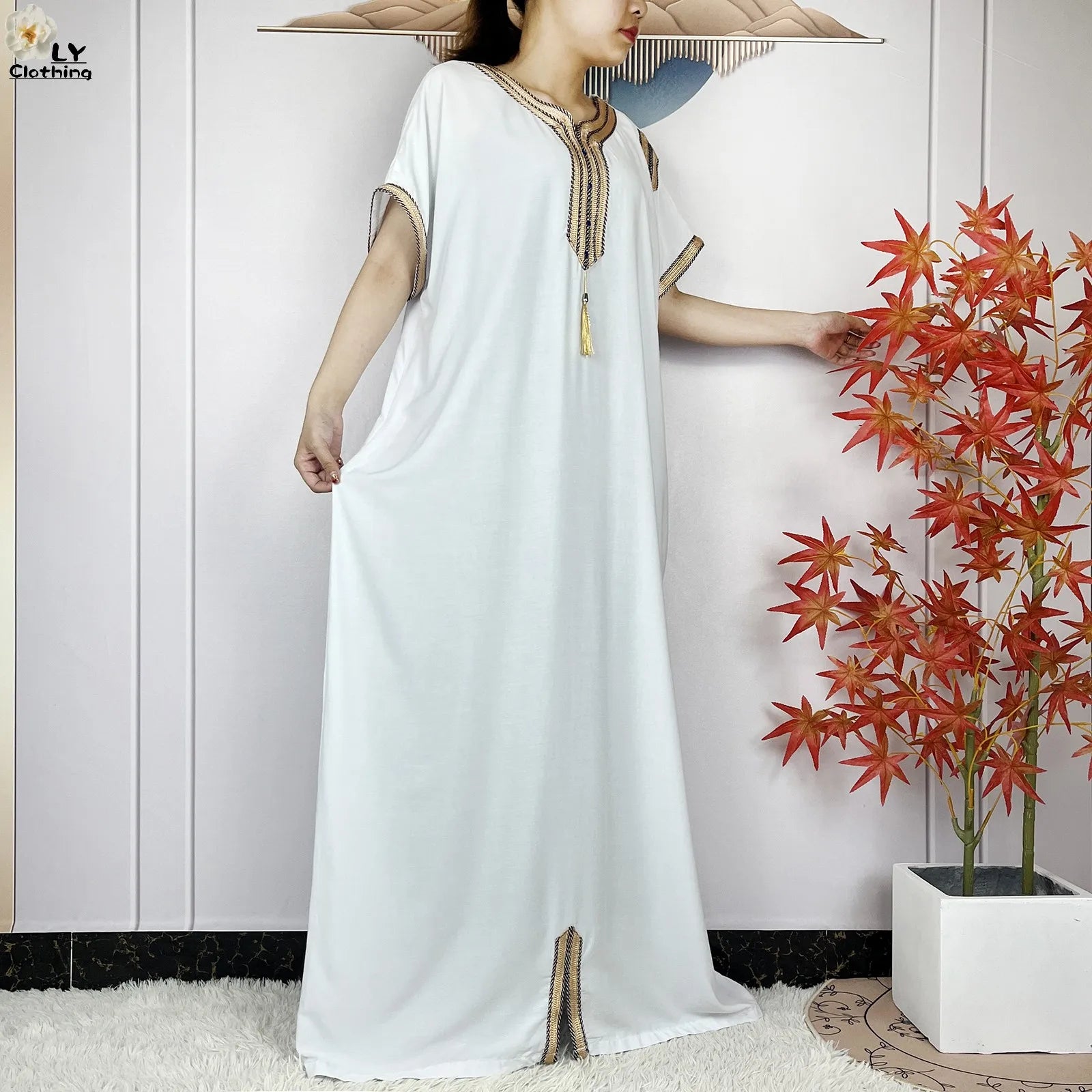 New Muslim Abayas Summer Short Sleeve African Dashiki Tassels Cotton Loose Caftan Lady Maxi Islam Casual Dresses With Headscarf.