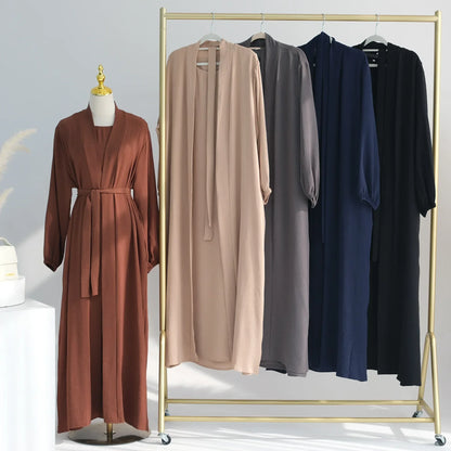 Muslim Woman Abaya 2 Piece Set Abayas Kimono with Sleeveless Hijab Dress Sets Islamic Matching Outfit Dubai Turkey Ramadan Eid