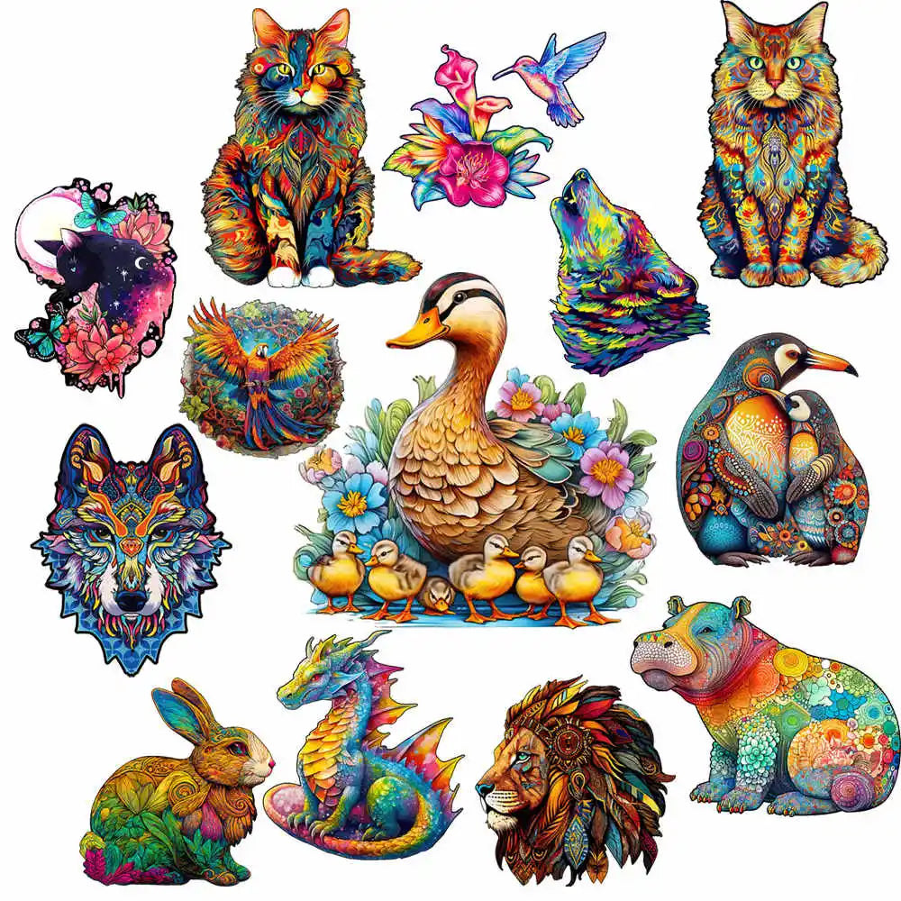 Irregular Shaped Wooden Animal Puzzle DIY Puzzle Party Games Educational Gift for Kids Holiday Gift Intelligent Cat Wood Jigsaw.