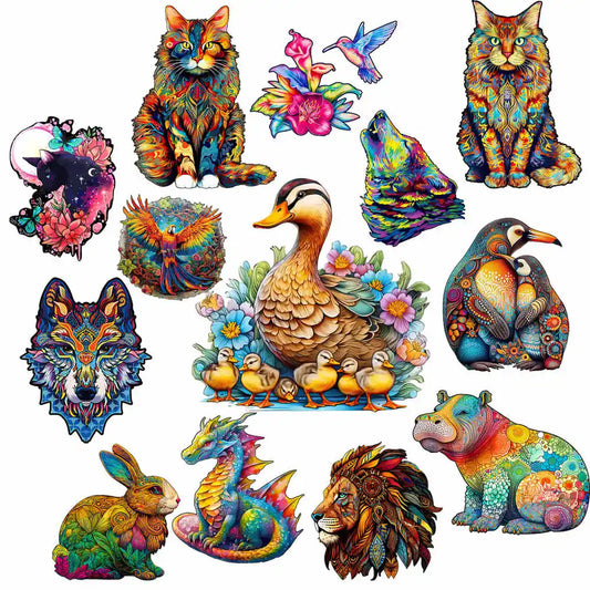 Irregular Shaped Wooden Animal Puzzle DIY Puzzle Party Games Educational Gift for Kids Holiday Gift Intelligent Cat Wood Jigsaw.