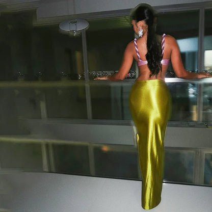 2025 Autumn Stain Long Solid Color Skirt Women Elegant High Waist Side Split Maxi Skirts Party Sexy Clothes for Female.