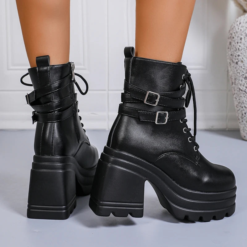Fashion Buckle Cunky Platform Ankle Boots Women Lace Up Super High Heel Punk Boots Woman Pu Leather Thick Heels Motorcycle Botas.