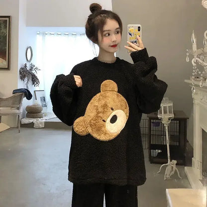 Thickened Warm Women Winter Two Pieces Set Flannel Homewear Pajamas O-Neck Loose Cute Cartoon Bear Ladies Sleepwear Loungewear.