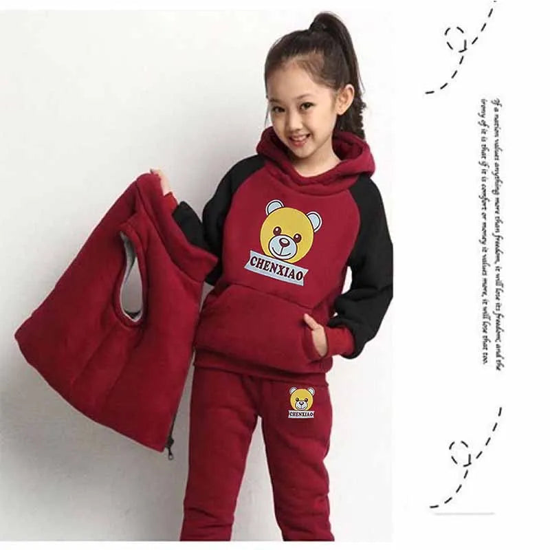 2024 Boys Padded Warm Set Children's Hooded Cartoon Solid Colour 3 Pcs Autumn Winter New Girls Sweatshirt Cute Casual Suit 4-12Y.