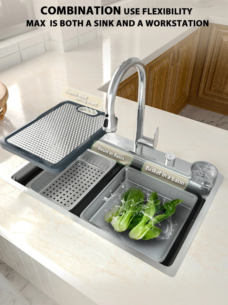Silberne Küchenspüle aus Edelstahl 304, großer Einzelschlitz, Unterbau-Multifunktions-Geschirrspülbecken, 31,5 x 18,9 Zoll