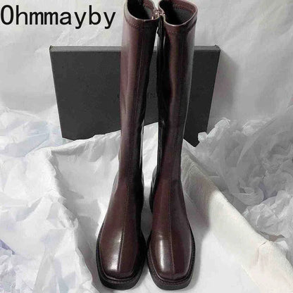 Vintage Thick Heel Women Knee High Boots Fashion Side Zippers Shoes Autumn Winter Ladies Concise Long Botas De Mujer.