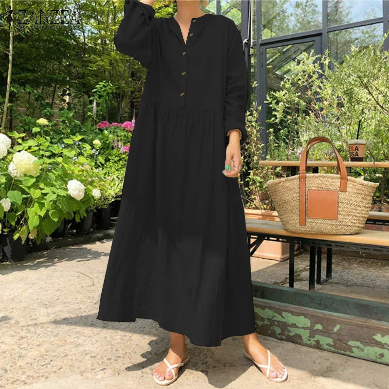 Women's Elegant Solid Cotton Robe Femme 2022 Spring Autumn Bohemian Maxi Dress ZANZEA Casual Long Sleeve Shirt Dresses Oversized.