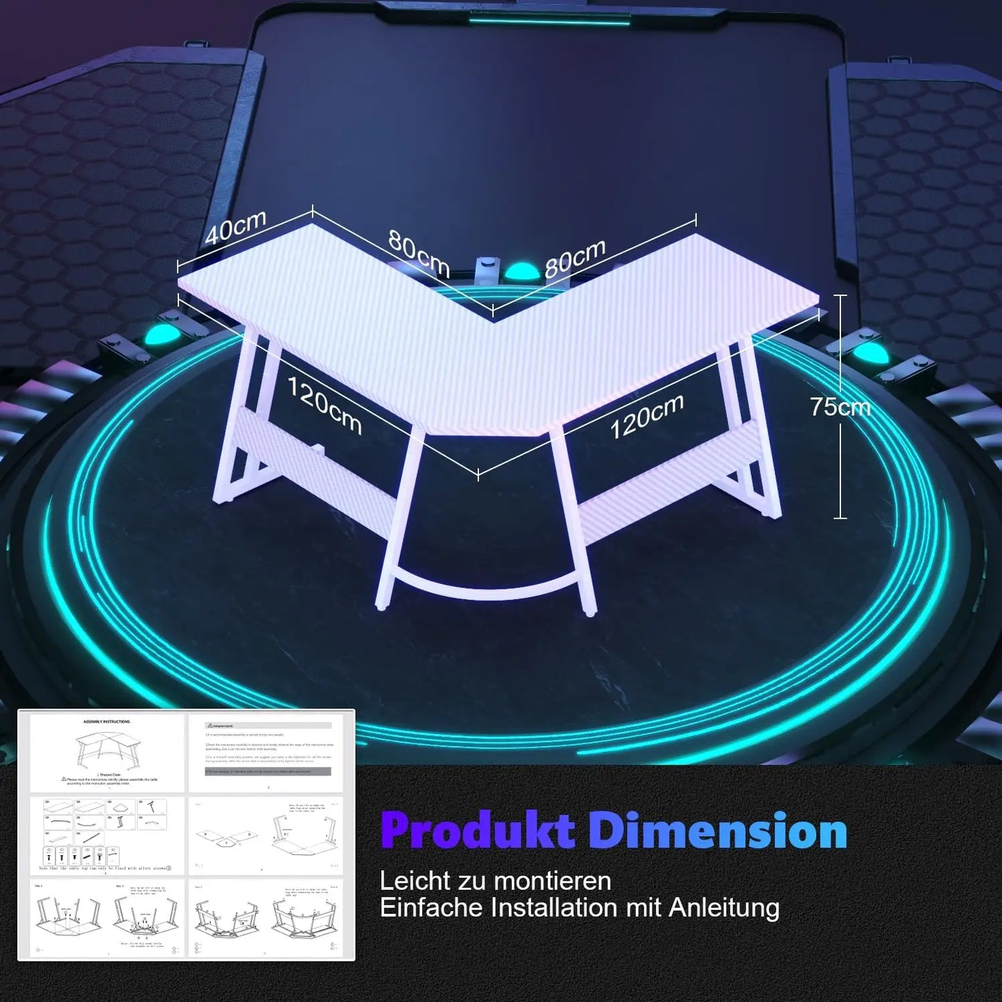L-Form Gaming-Schreibtisch mit Monitorständer, großer PC-Computertisch für Gamer, Eckschreibtisch, Kohlefase