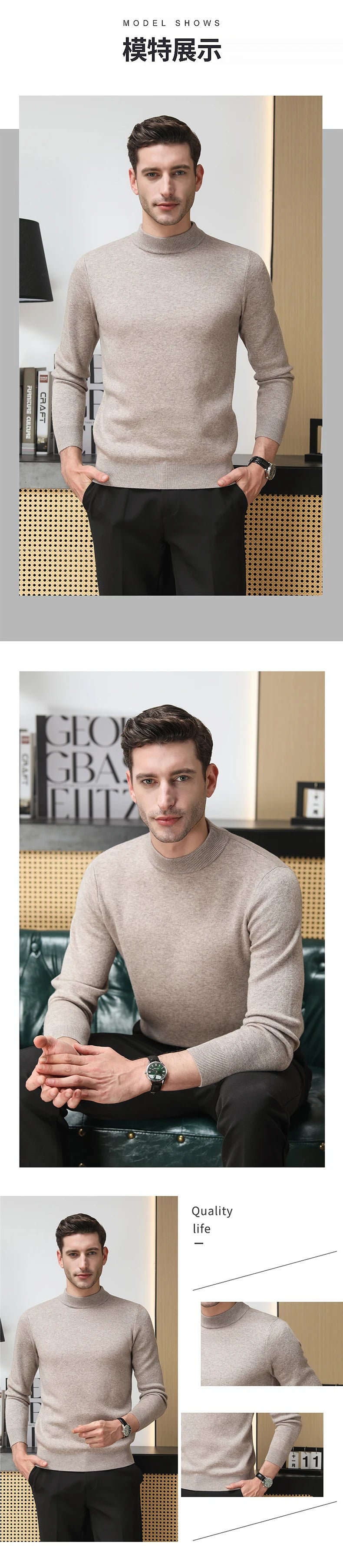 High End 100% Wool Thick New Autum Winter Fashion Brand Pullover Knit Half Turtleneck Business Sweater Casual Men Clothing.