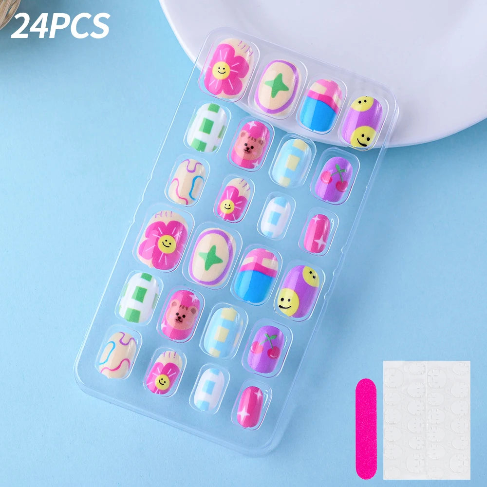 24Pcs/box Kids nails for Girl Cartoon Pattern False Nail Cute Child Fake Nails Tips Kawaii Acrylic Artificial Press on Nail+Tool