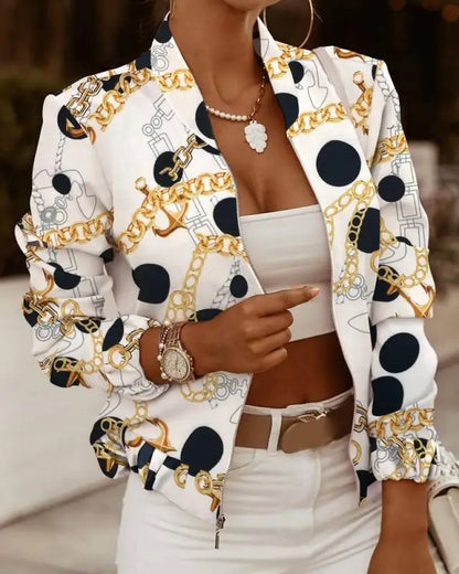 Mode Frauen Jacken Dünne Kurze Mäntel Herbst Vintage Print Lange Sleeve Zipper Dünne Jacke 2024 Casual Oberbekleidung Weibliche Jacke