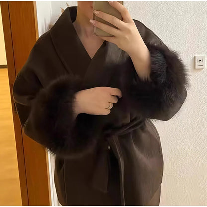 2025 Chic Revers Plüsch Mantel Mit Gürtel Frauen Vintage Feste Faux Pelz Hülse Tweed Offene Mäntel Weibliche Herbst Casual Straße outwear