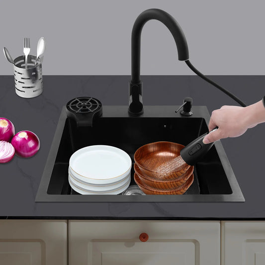 Multifunktionales Küchenspüle mit ausziehbarem Wasserhahn, Tassenspüler, Seifenspender, Abflusskorb, Anti-Überlauf, 201 Edelstahl