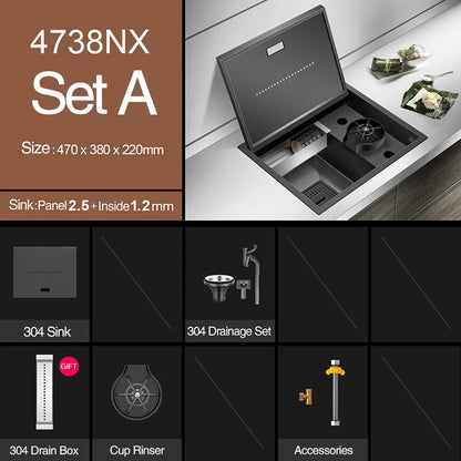 Nanometer Hidden Bar Island kitchen Sink 304 Stainless Steel Flip Cover Hidden Handmade Small Size kitchen Sinks With Cup Rinser