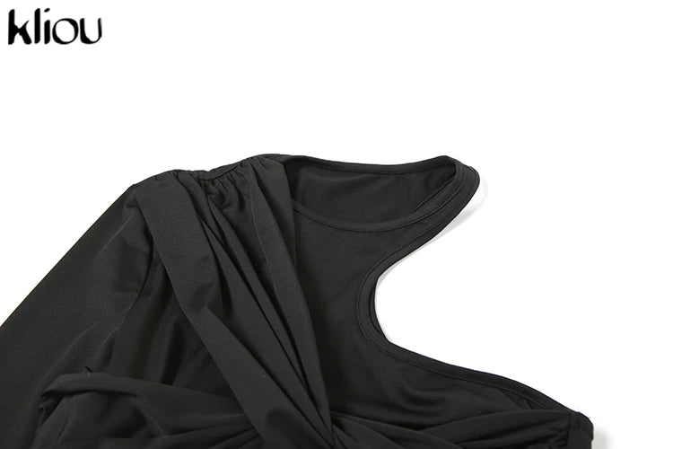 kliou Classic Solid Women Bodysuits Autumn All-matched Stacked Ruched Incline Shoulder Skinny Rompers Female Trend Street  Tops.