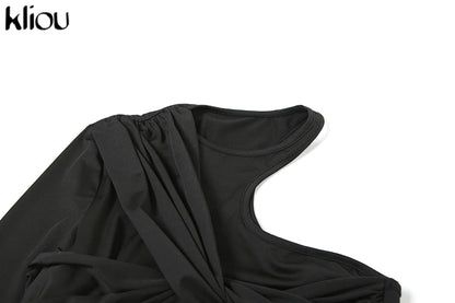 kliou Classic Solid Women Bodysuits Autumn All-matched Stacked Ruched Incline Shoulder Skinny Rompers Female Trend Street  Tops.