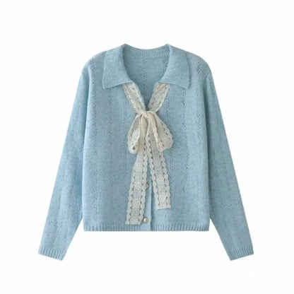 Women Clothes Autumn Winter Fashion Korean Button Solid Color Ladies All-match Bow Versatile Loose Knitwear Long Sleeve Top Tee.