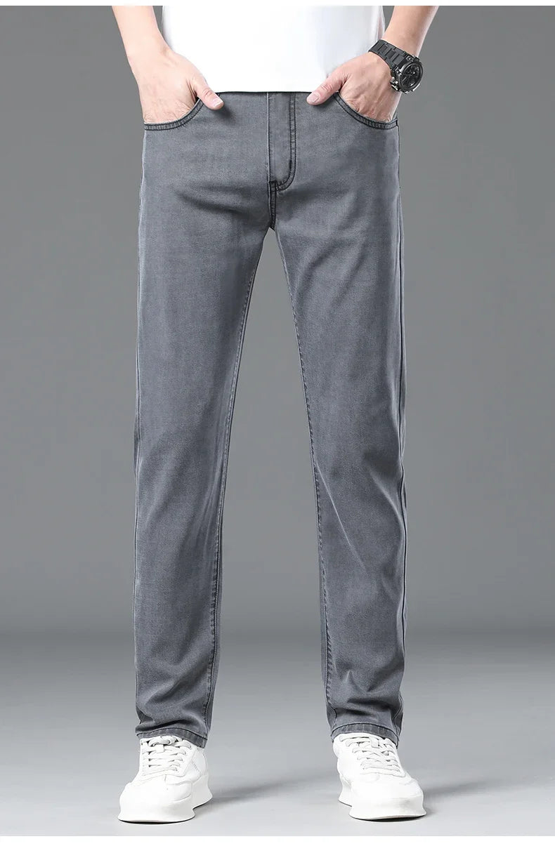 Summer Lyocell Ultra-thin Jeans Men Straight Stretch Breathable Denim Pants Fashion Business Casual Male Trousers Black Gray.