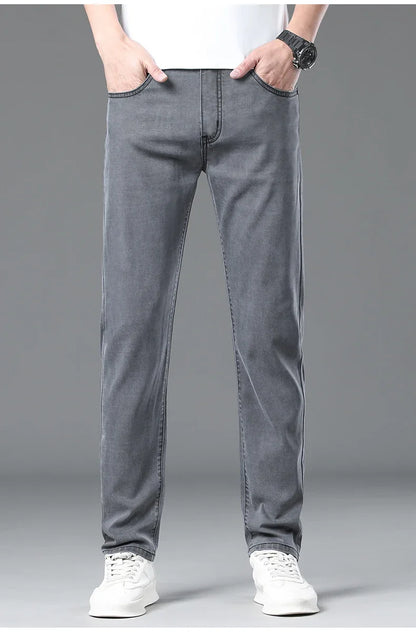 Summer Lyocell Ultra-thin Jeans Men Straight Stretch Breathable Denim Pants Fashion Business Casual Male Trousers Black Gray.