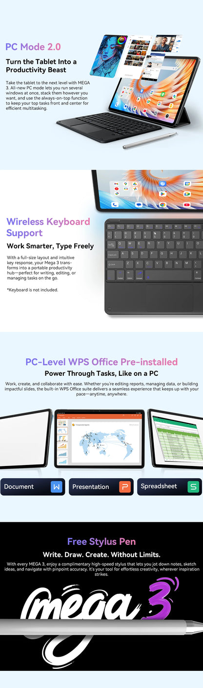 2025 Blackview MEGA 3 Tablet Android 15 Pad 12.1" 2.5K 90Hz Display 12GB 256GB 8800mAh Tablets PC 33W Fast Charging 50MP Camera