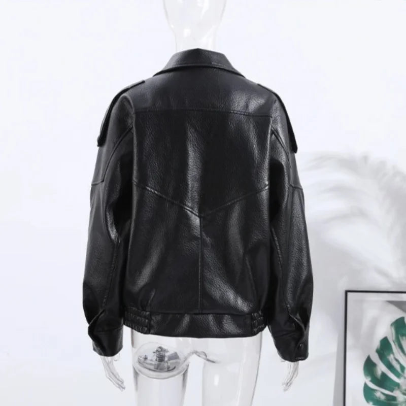 Street PU Leather Loose Jacket Women Fashion Solid Full Sleeve Stand Collar Single Breasted Coats Female 2025 Autumn Lady Coat.