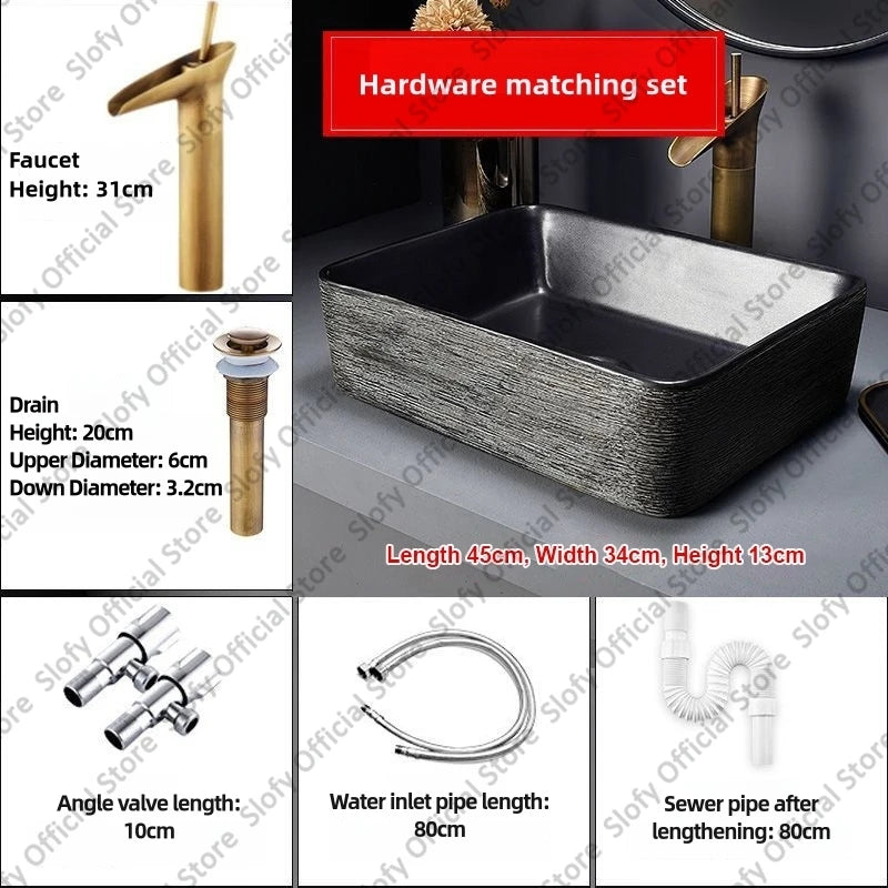 Retro-Kunst-Keramikwaschbecken, mehrere Stile, schwarzes Waschbecken, Einzelschüssel, Low-Key-Luxus-Aufsatzwaschbecken für Haushalt, Hotel, Badezimmer