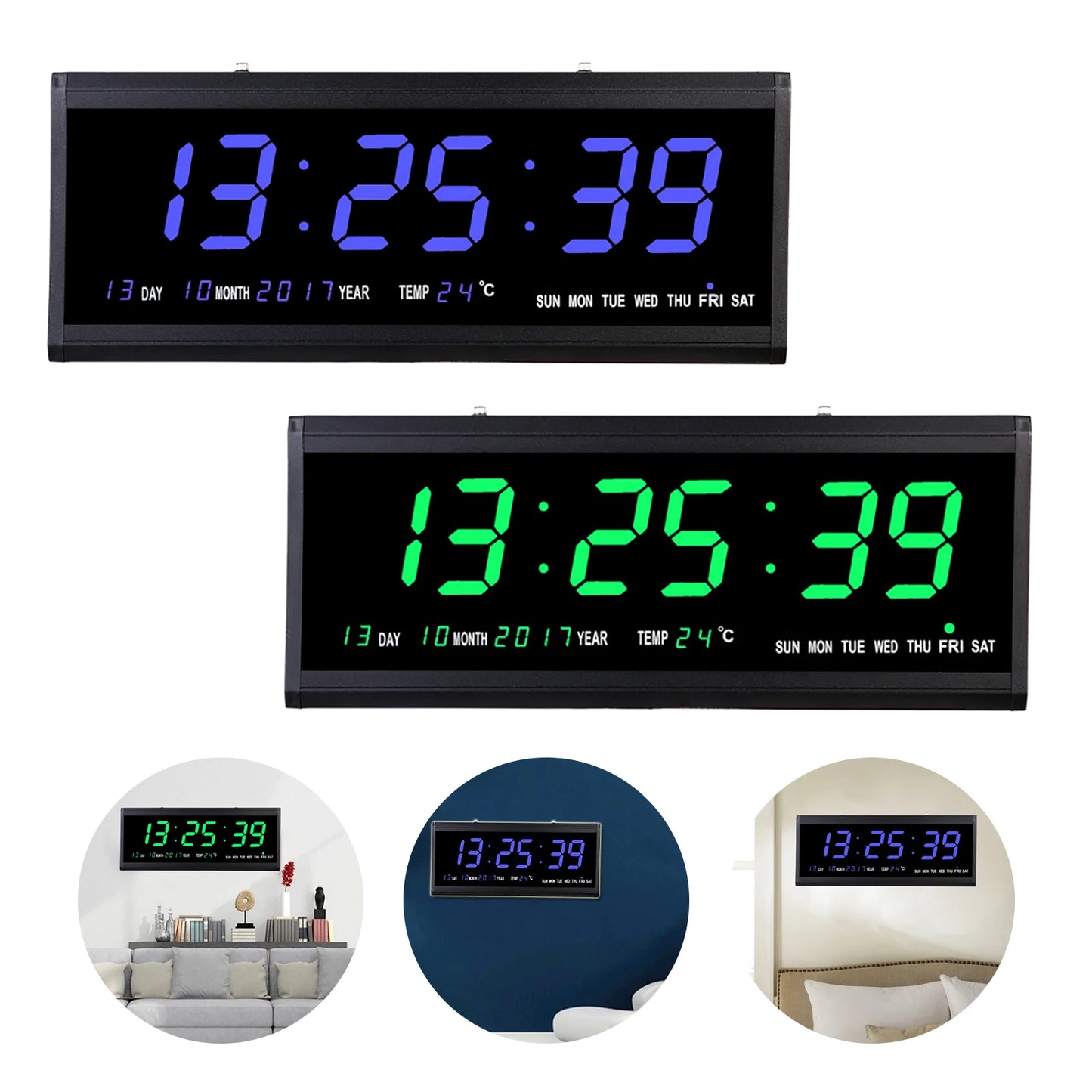 220 V große LED-Digital-Wanduhr, Zeit, Temperatur, Datum, Woche, Anzeige, automatischer Dimmer, leuchtende, leise Tischuhr, Wanduhr, 48 x 19 cm
